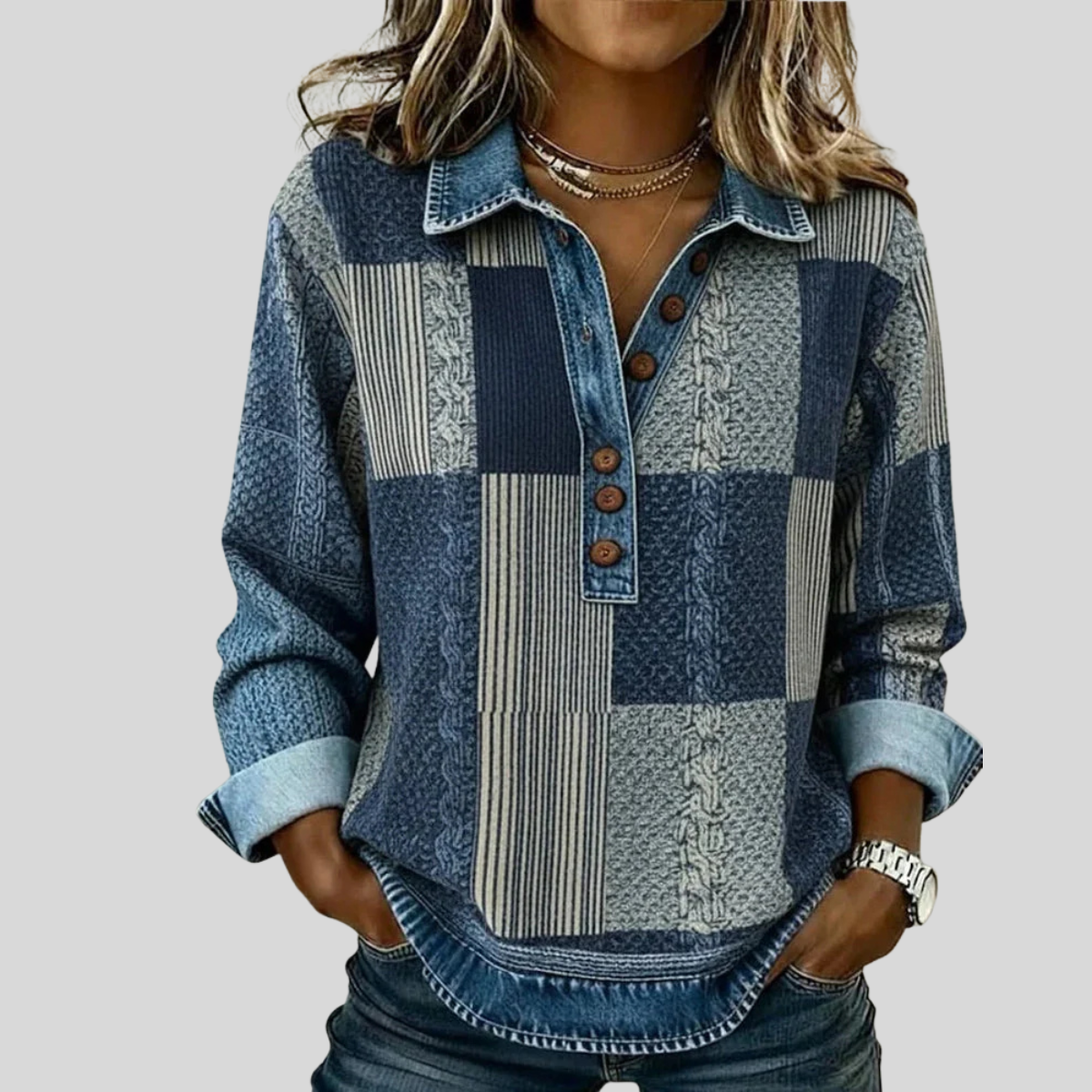 DELACROIX | Pull Patchwork Effet Denim pour Femme Sylvie