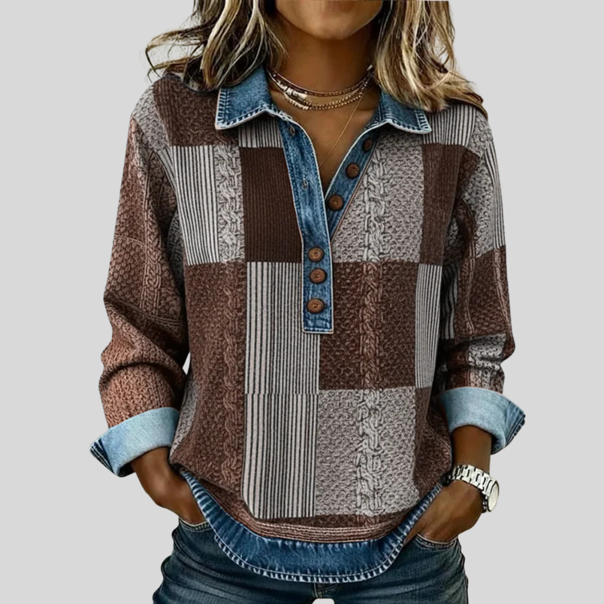 DELACROIX | Pull Patchwork Effet Denim pour Femme Sylvie
