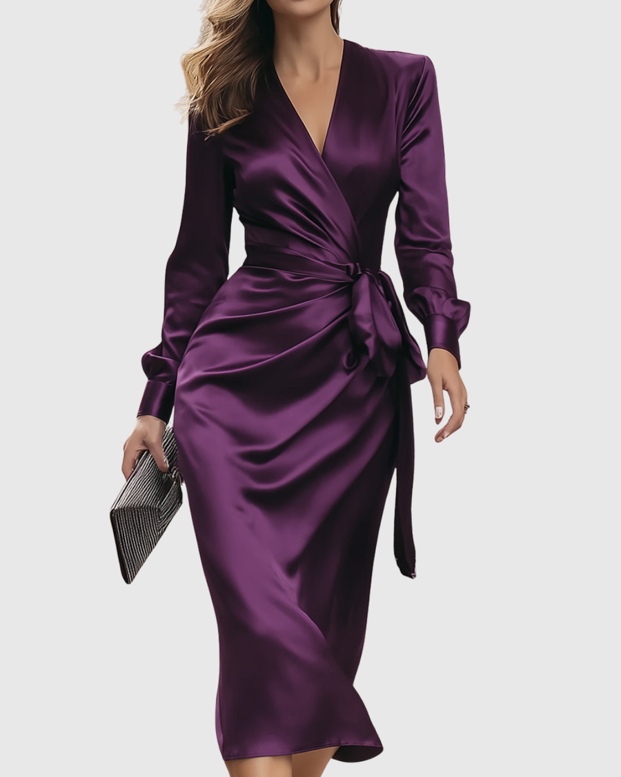 Cerelia | Women's Deep Plum Satin Wrap Midi Dress