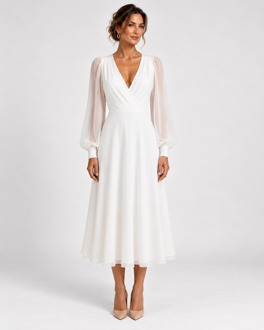Perdita | Robe Midi Blanche à Manches Bouffantes