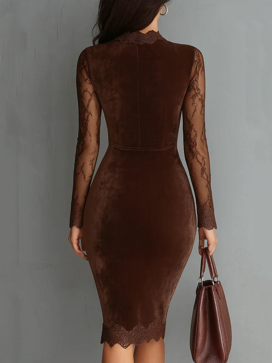 Caroline | Lace Brown Wedding Guest Midi Dress with Sleeves and Keyhole Neckline