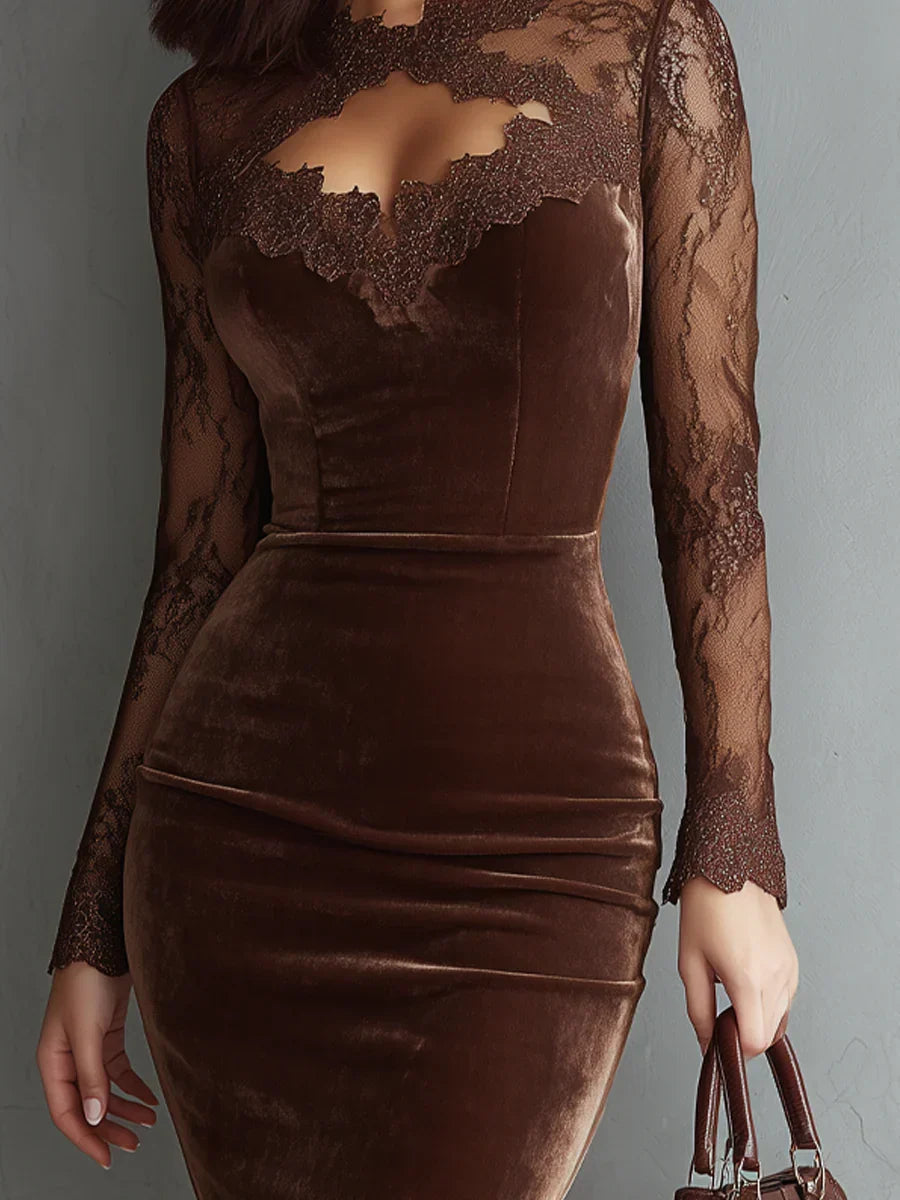 Caroline | Lace Brown Wedding Guest Midi Dress with Sleeves and Keyhole Neckline