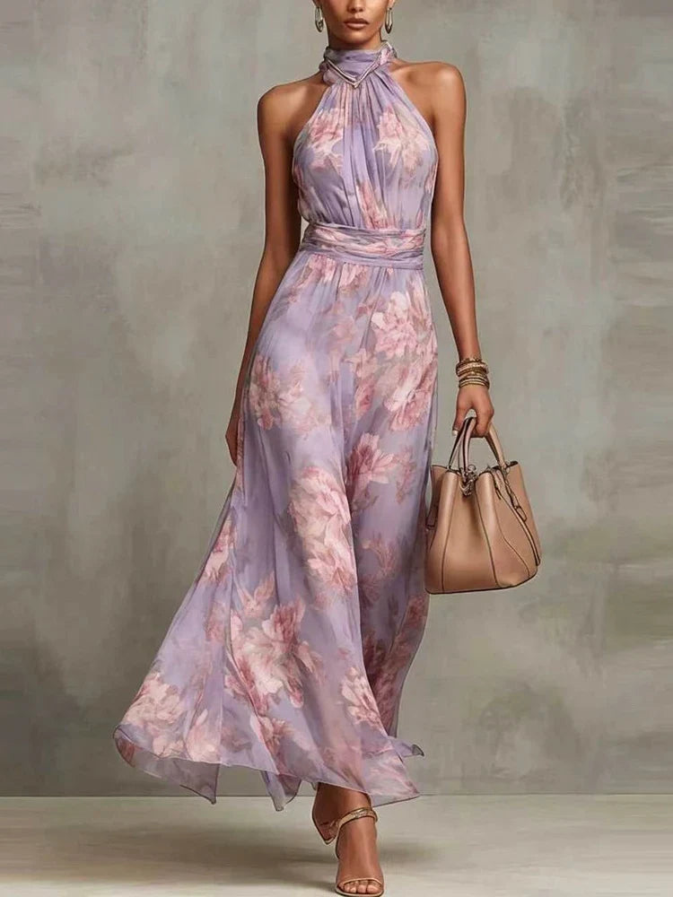 Ellie | Floral Wedding Guest Halter Maxi Dress with Tie Waist