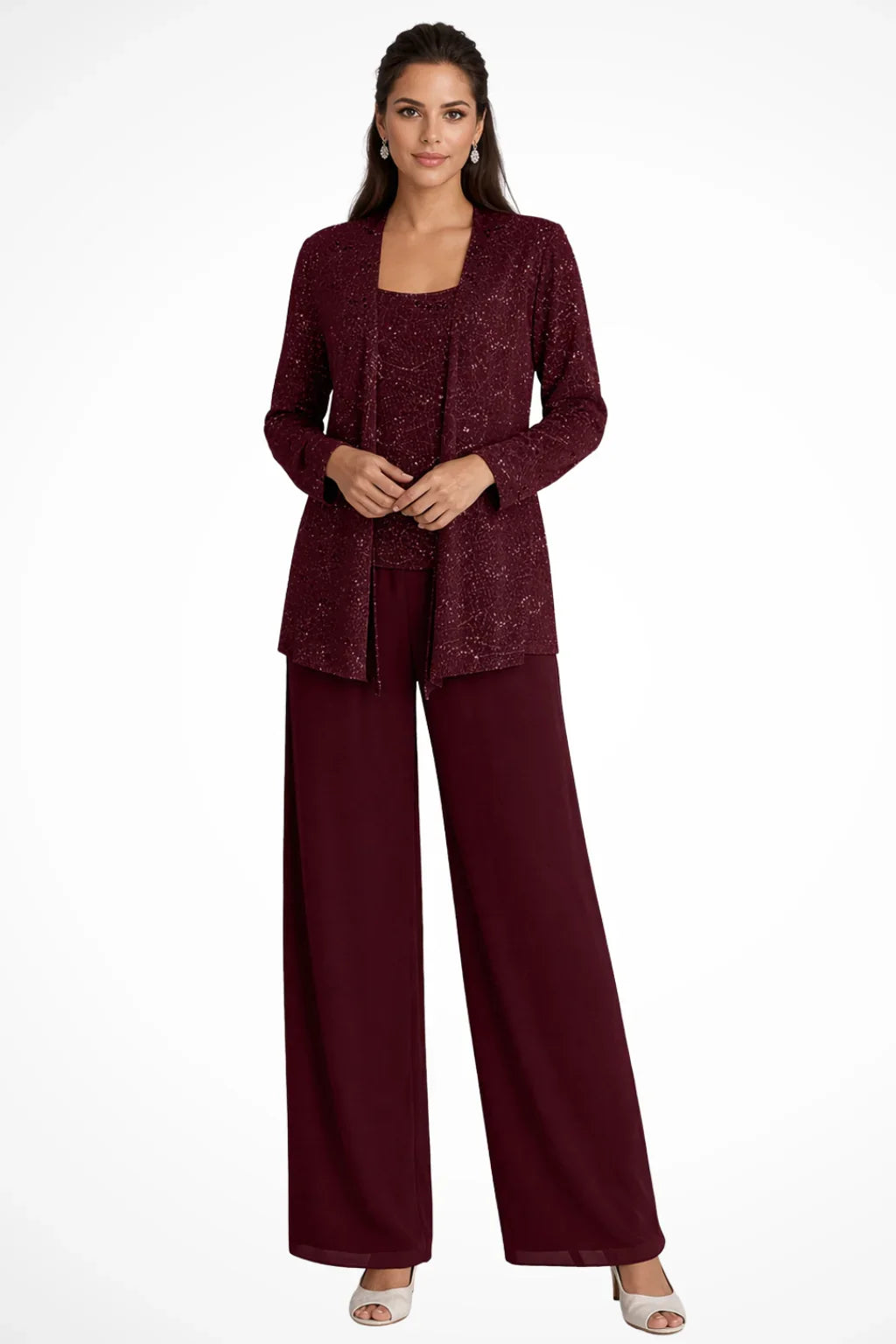 Evie | Women's Sequin Lace Three Piece Wide Leg Wedding Guest Trouser Suit
