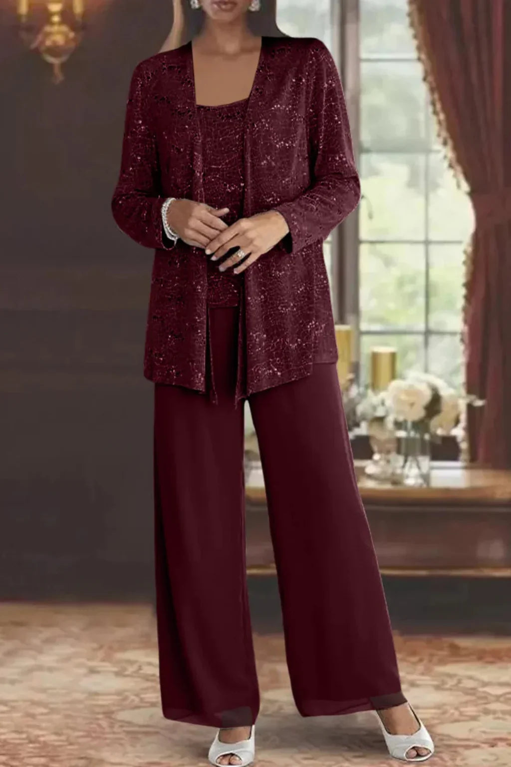 Evie | Women's Sequin Lace Three Piece Wide Leg Wedding Guest Trouser Suit