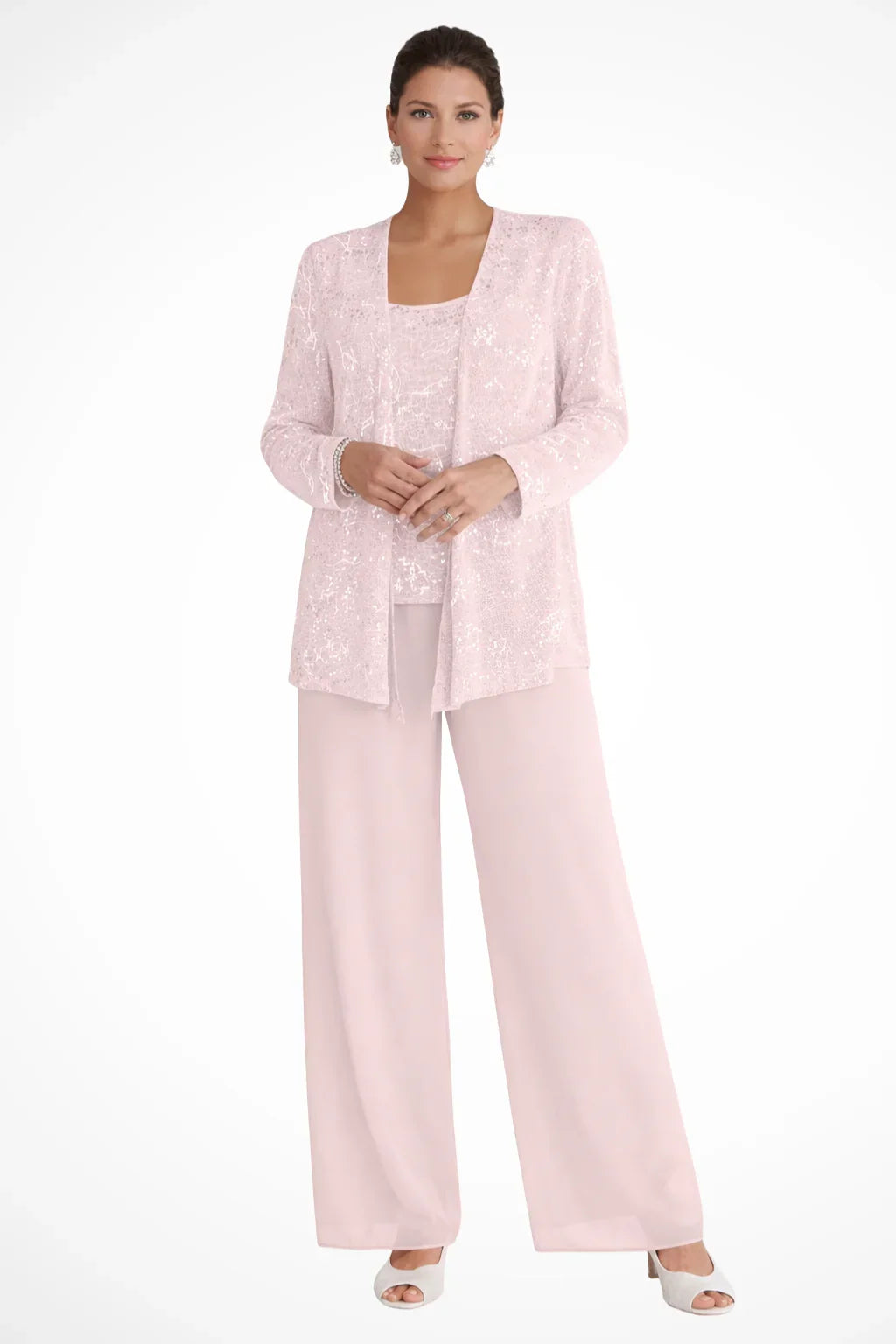 Evie | Women's Sequin Lace Three Piece Wide Leg Wedding Guest Trouser Suit