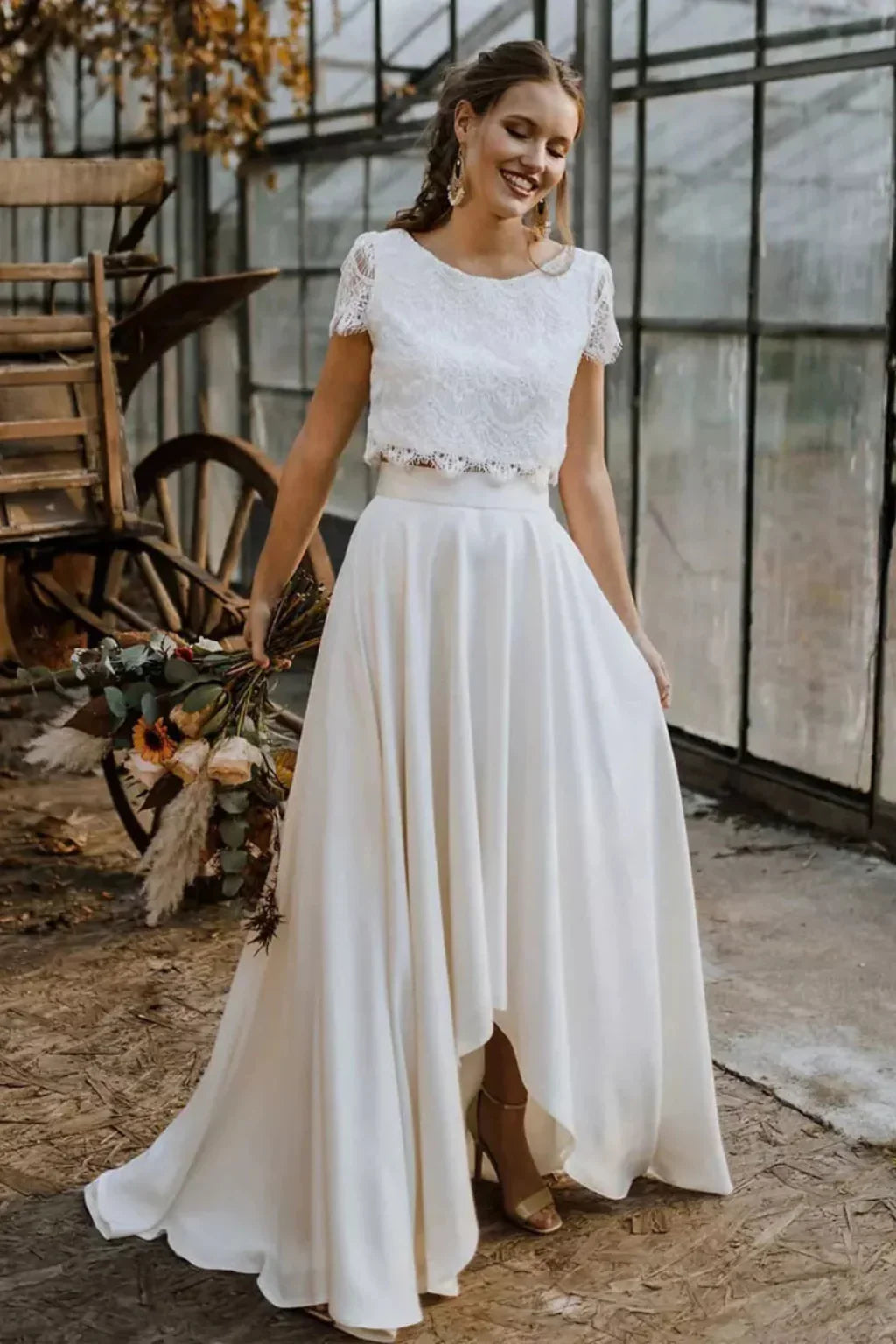 Irene | White Lace Top Midi Skirt Wedding Guest Bridal Two Piece Set with Short Sleeves