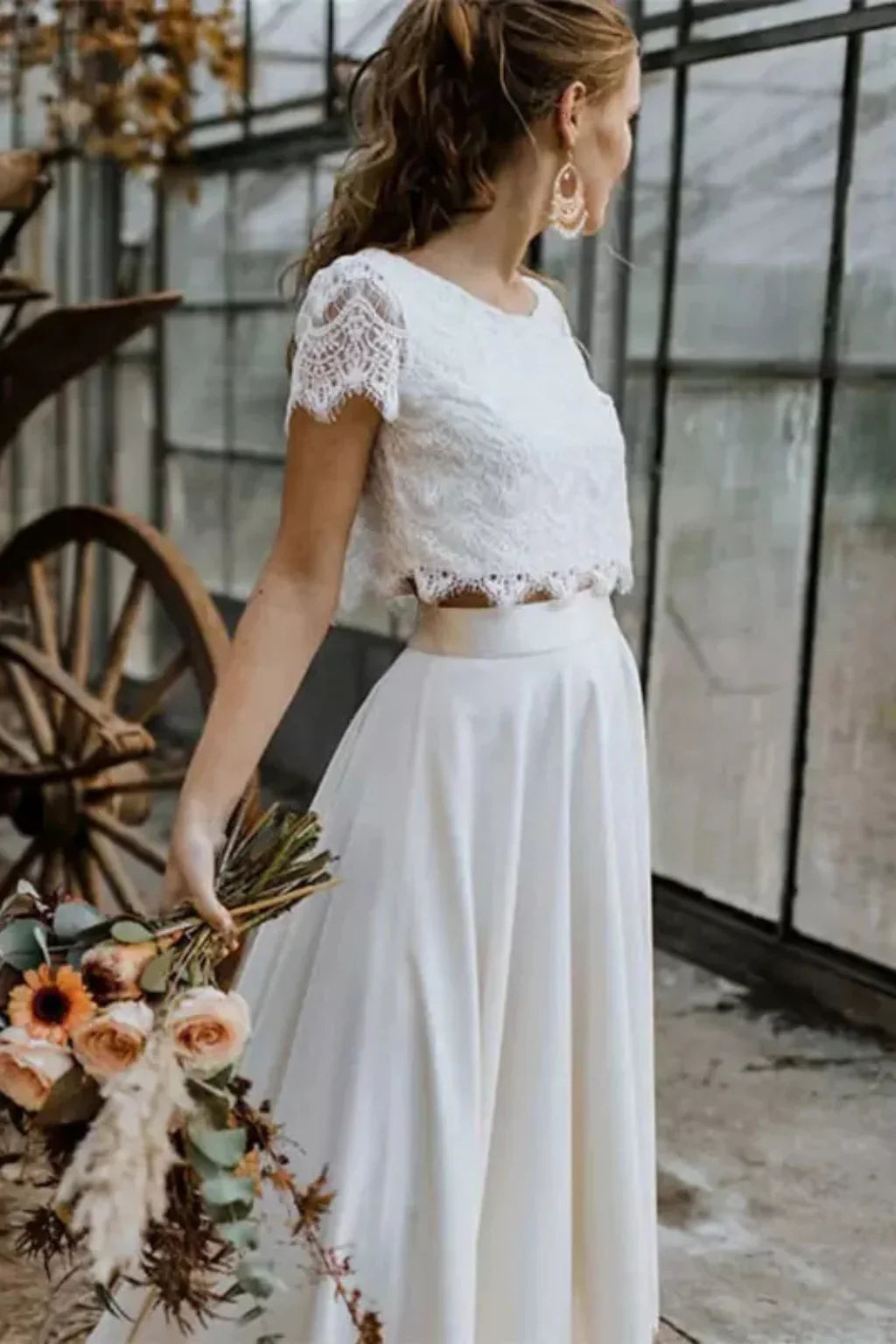 Irene | White Lace Top Midi Skirt Wedding Guest Bridal Two Piece Set with Short Sleeves