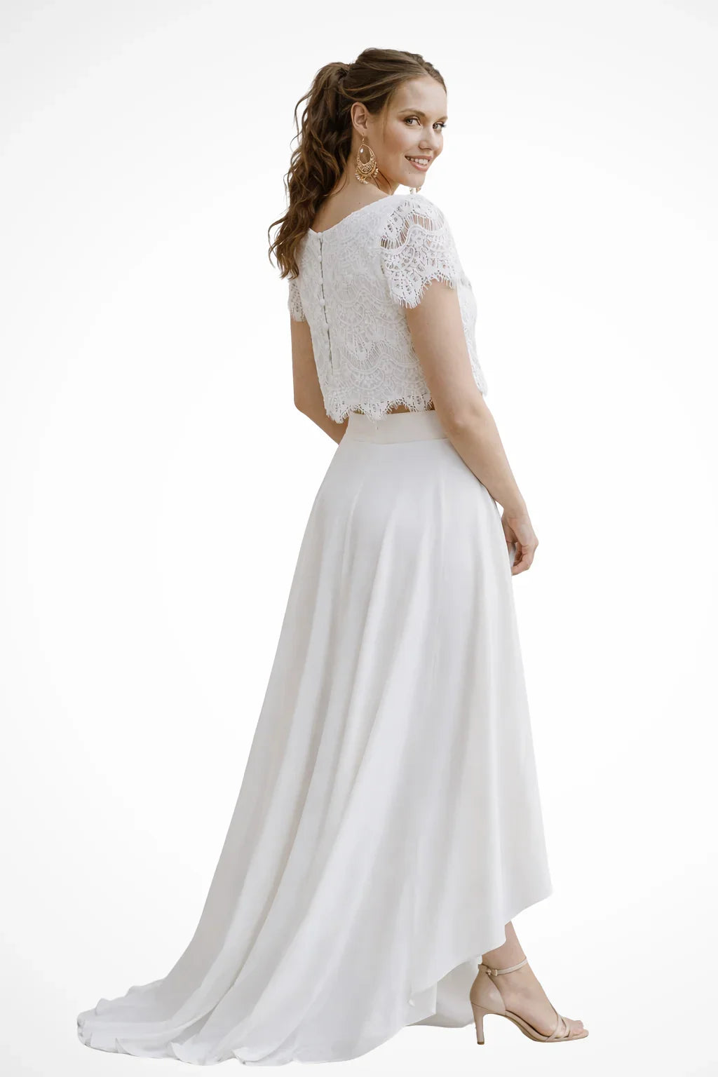 Irene | White Lace Top Midi Skirt Wedding Guest Bridal Two Piece Set with Short Sleeves