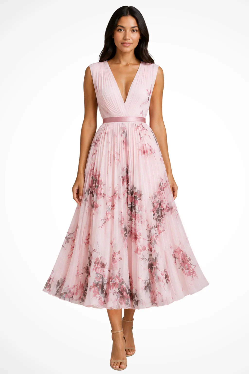Nicola | Sleeveless V-Neck Floral Pleated Wedding Guest Midi Dress
