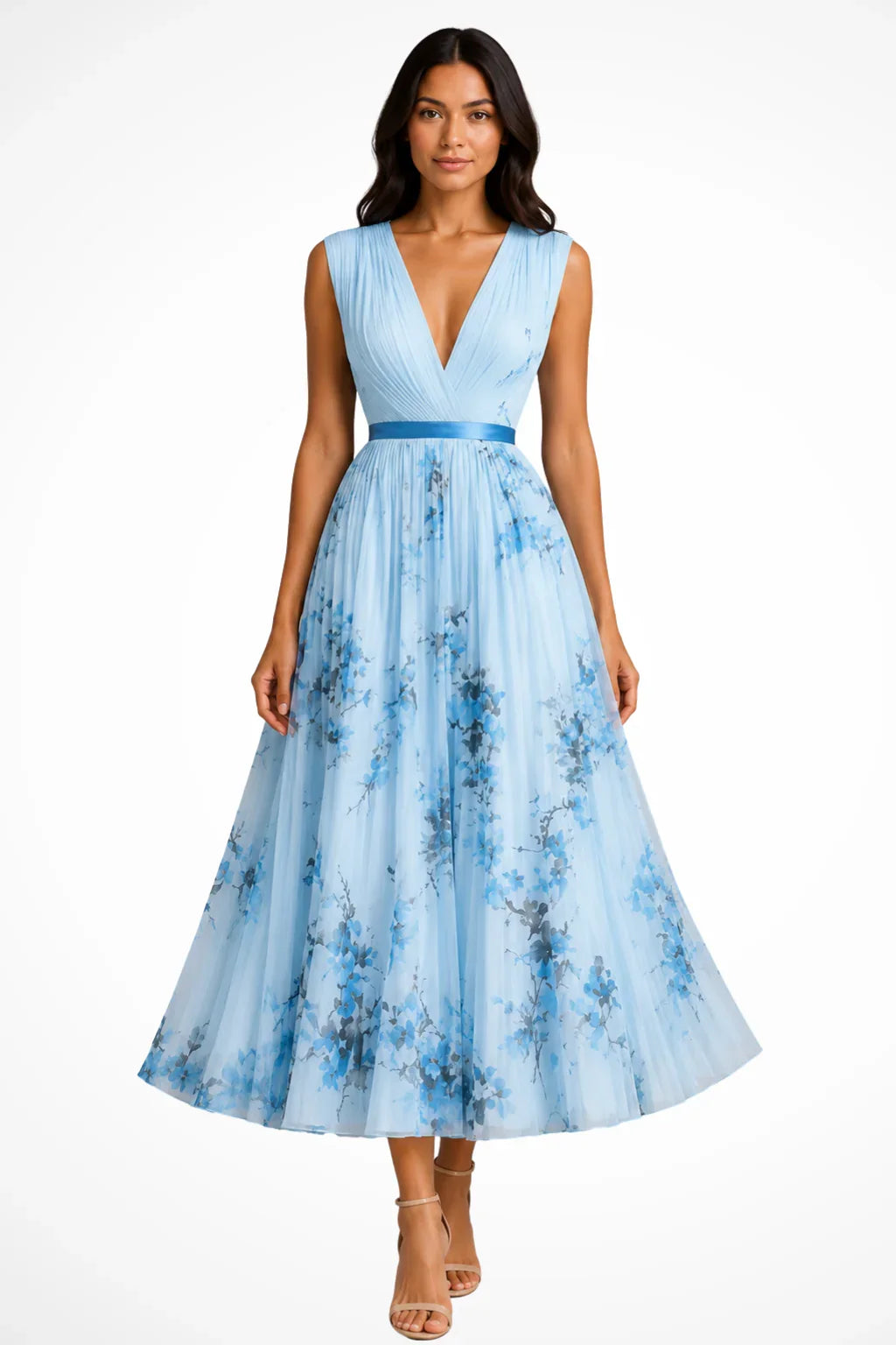 Nicola | Sleeveless V-Neck Floral Pleated Wedding Guest Midi Dress