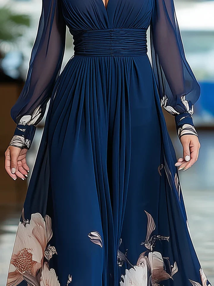 Sian | V-Neck Floral Wedding Guest Maxi Dress with Long Sleeves