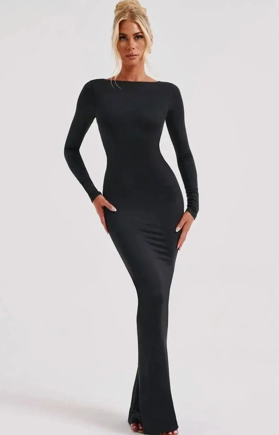 Backless Maxi Dress - Long Sleeve Ruched Women's Black Tie