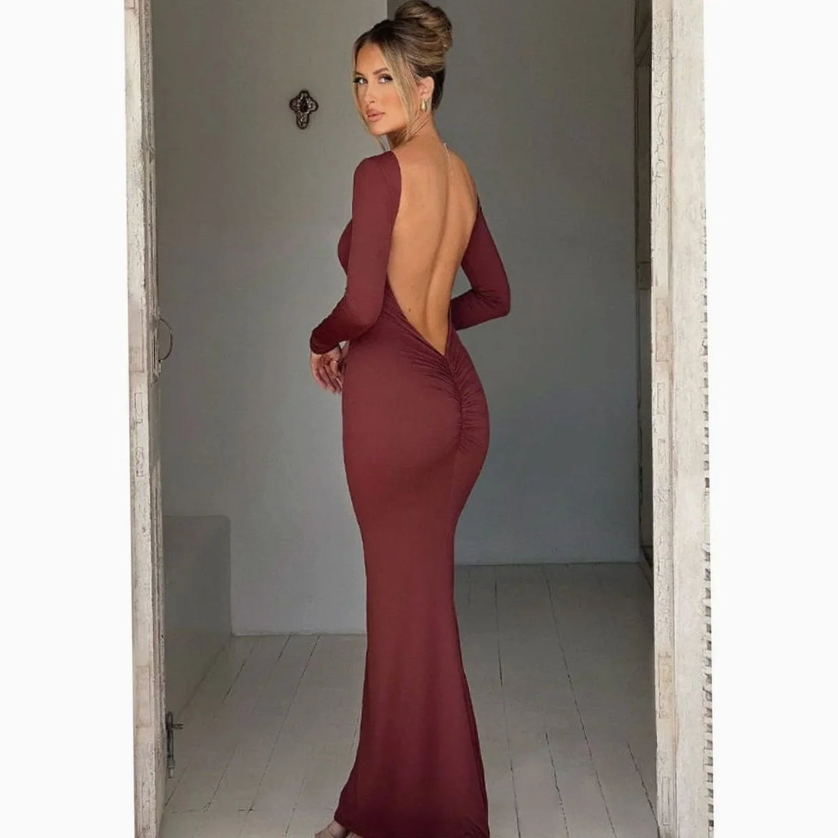 Open Back Maxi Dress - Long Sleeve Fitted Women's Bridesmaid