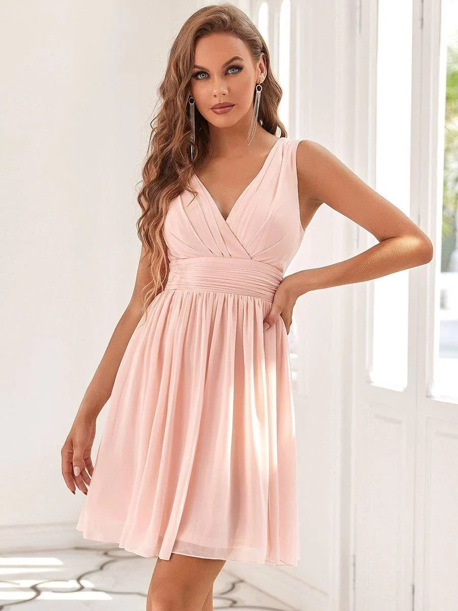 Chiffon Bridesmaid Dress - Midi V Neck Pleated Waist Women's