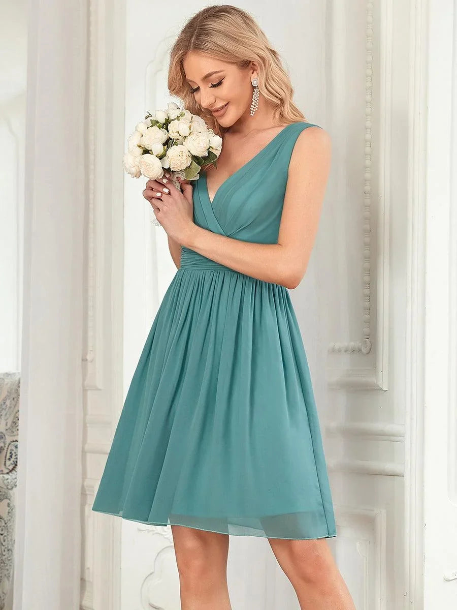Chiffon Bridesmaid Dress - Midi V Neck Pleated Waist Women's