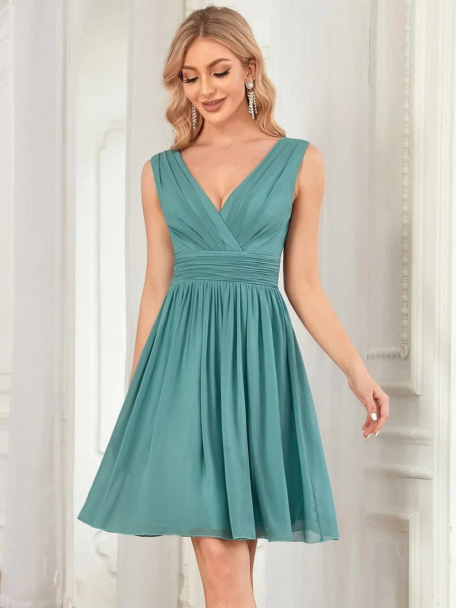 Chiffon Bridesmaid Dress - Midi V Neck Pleated Waist Women's