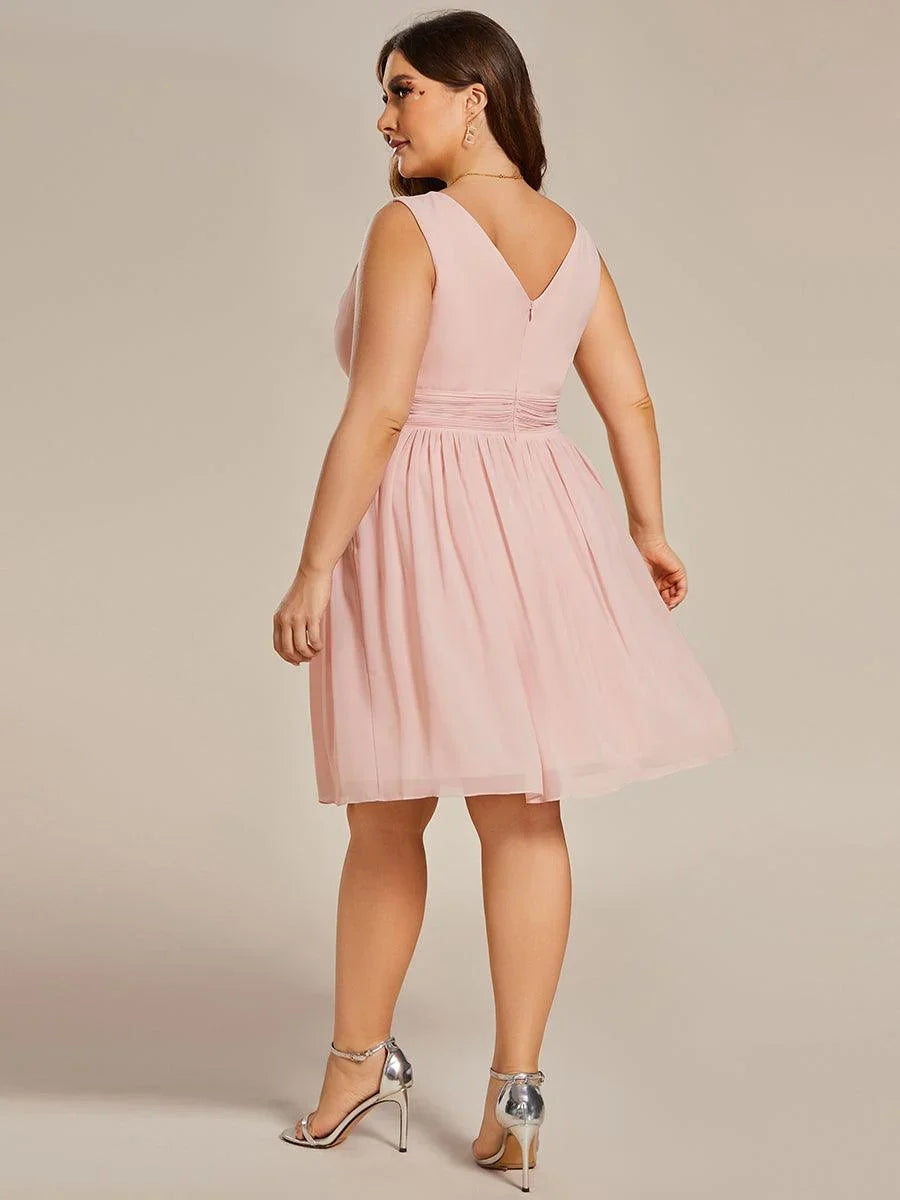 Chiffon Bridesmaid Dress - Midi V Neck Pleated Waist Women's