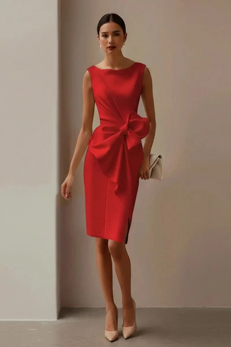 Bow Detail Midi Dress - Sheath Sleeveless Women's Wedding