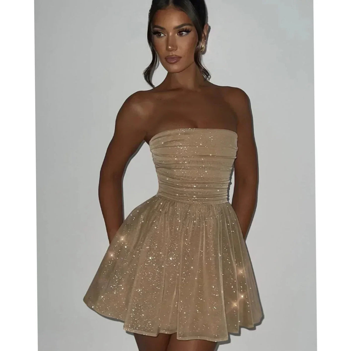 Gold Mini Dress - Strapless A Line Ruched Bow Back Women's