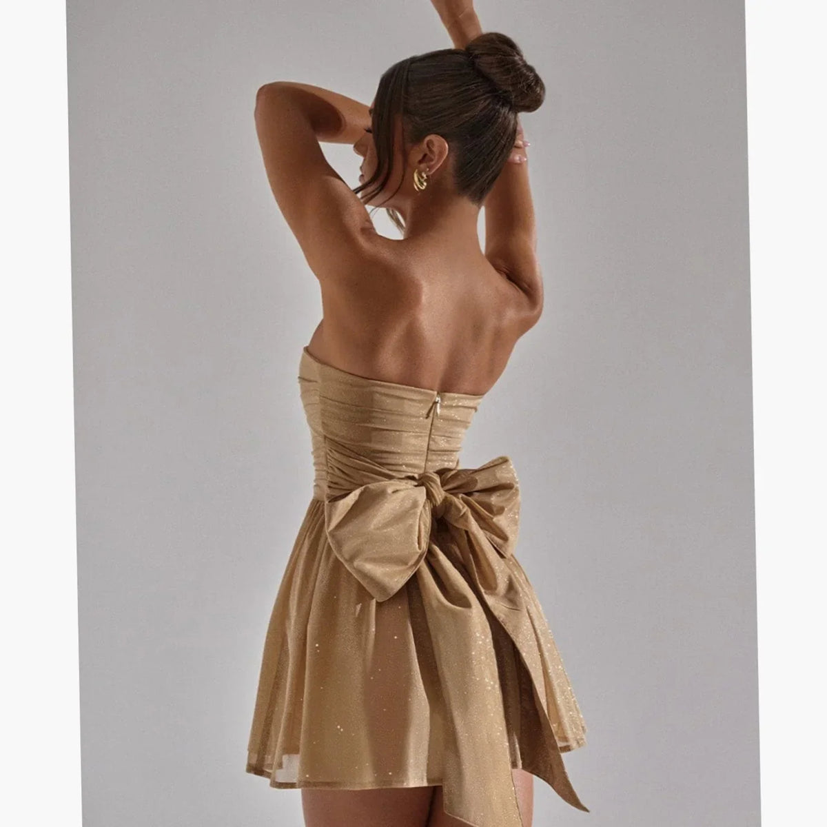 Gold Mini Dress - Strapless A Line Ruched Bow Back Women's