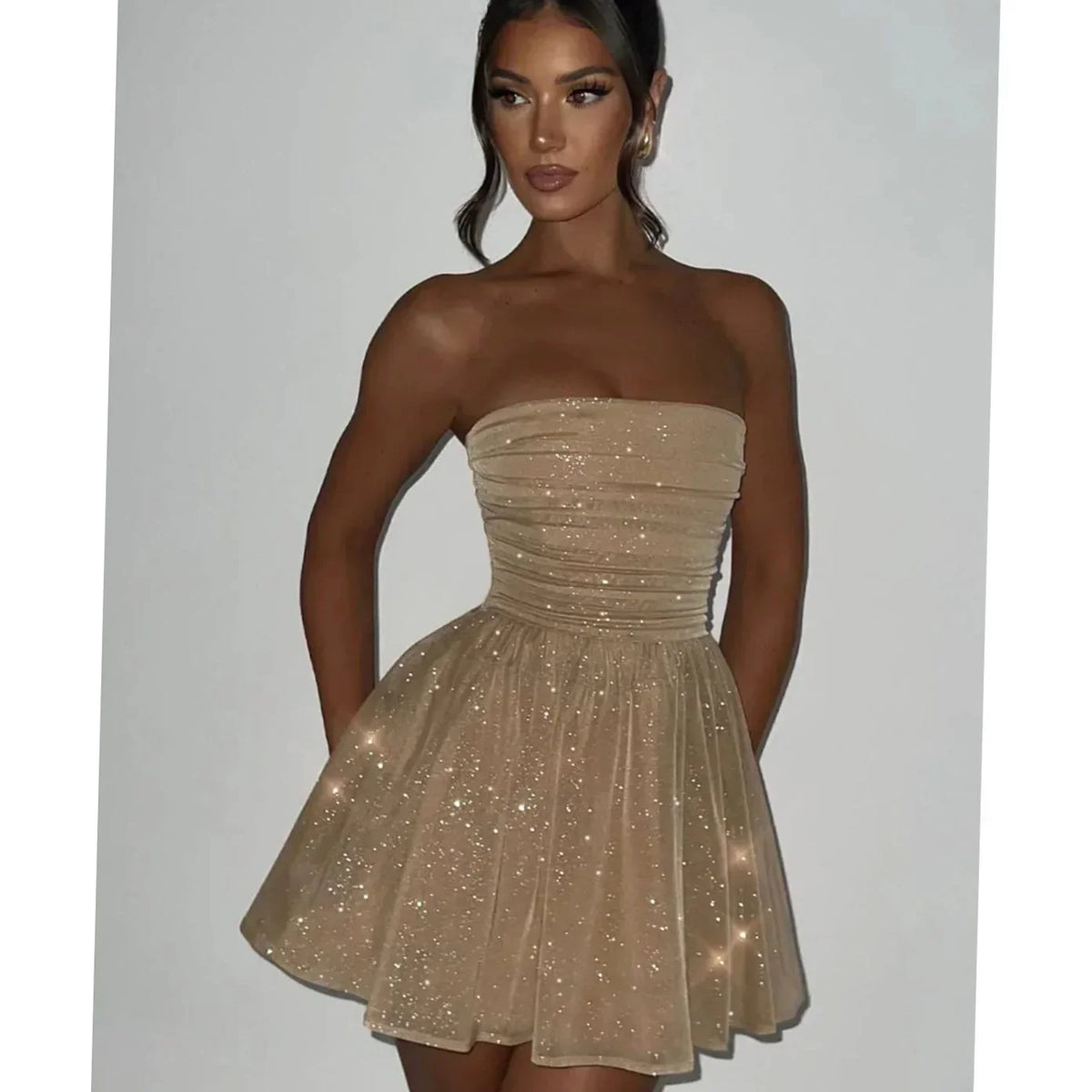 Gold Mini Dress - Strapless A Line Ruched Bow Back Women's